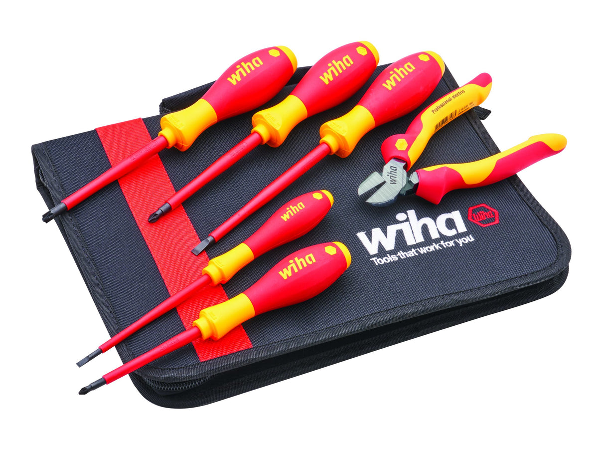 Wiha Electrician's VDE screwdriver and plier set with red-yellow handles on a black zip-up organizer wallet.