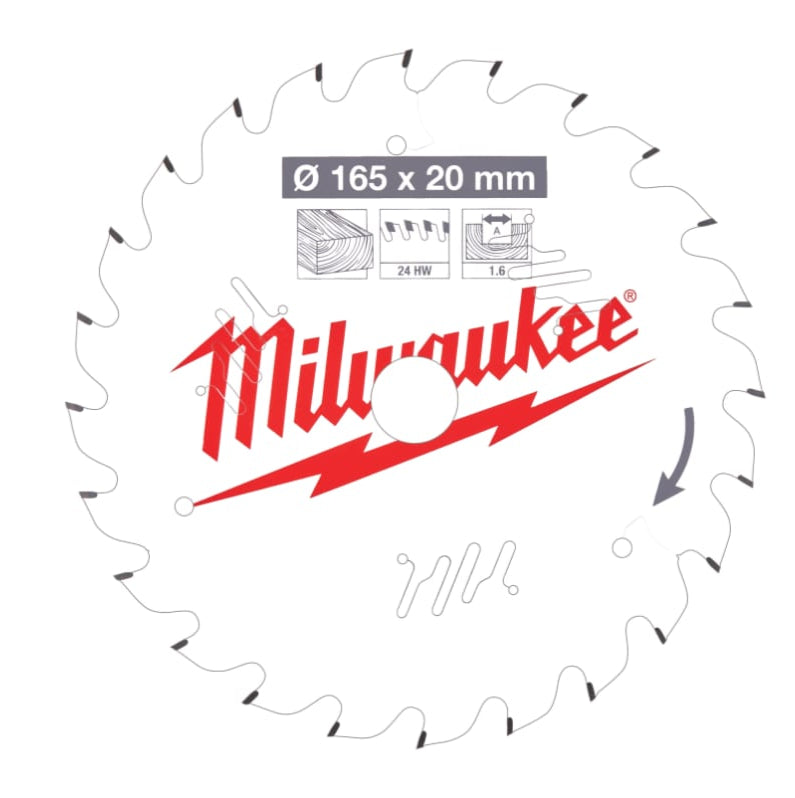 Milwaukee 165mm circular saw blade with 24 teeth, red logo, and technical icons on white background.