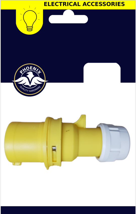 A Phoenix Electrical Accessories product on its retail card packaging. The product is a yellow plastic electrical connector with a white threaded end cap, shown against a white background with a dark blue and yellow header card featuring the Phoenix logo.