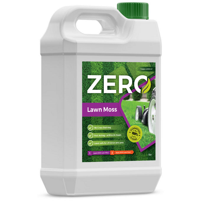 Zero Liquid Lawn Moss Remover 5L – fast-acting, pet-safe, no grass stain, covers 2000m² | Keans Claremorris