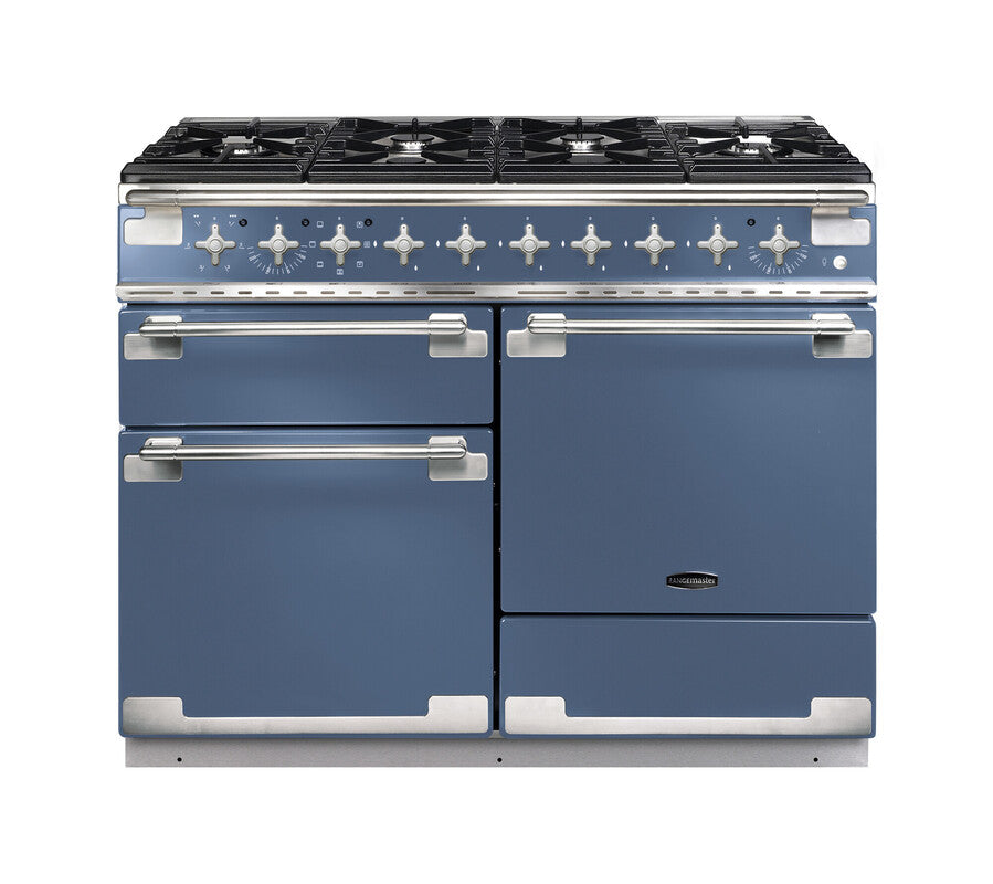 Rangemaster Elise 110 dual fuel range cooker in blue with six burners and three oven doors visible from front view.
