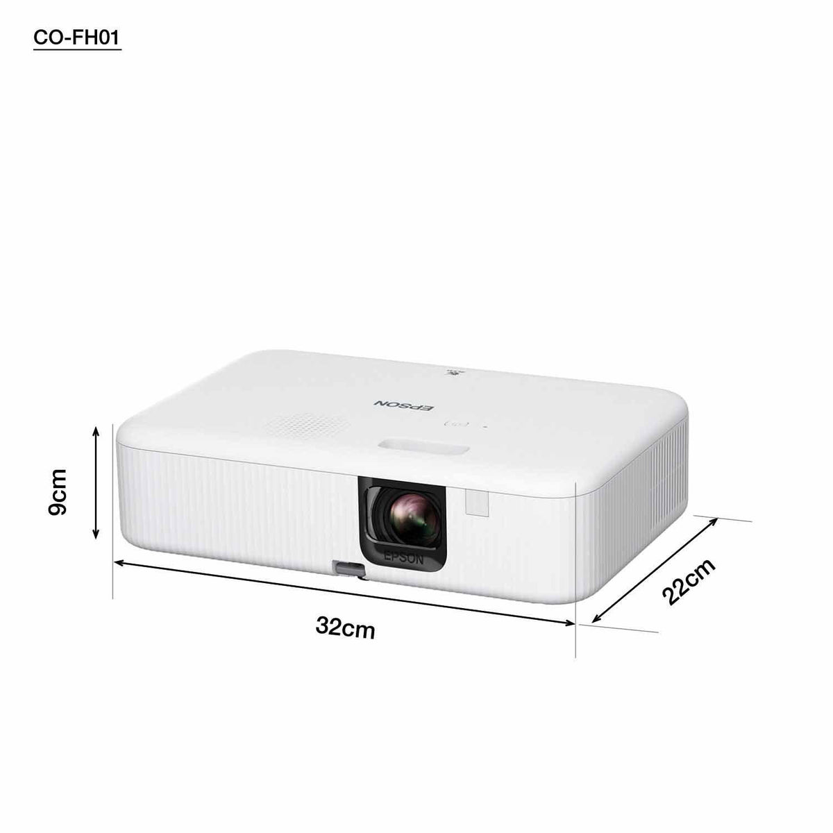 White Epson 3000 Lumens 1080p projector shown from front with dimensions 32x22x9 cm visible