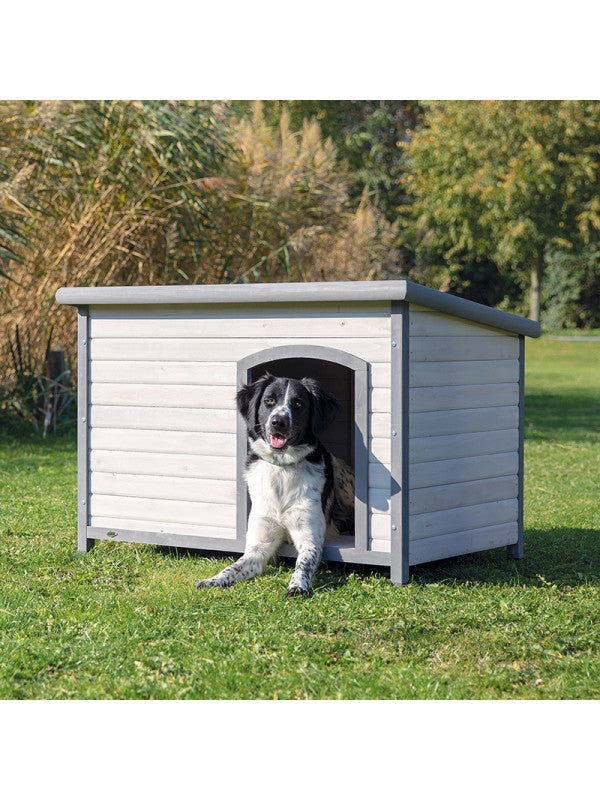 Trixie Classic Flat Roof Dog Kennel L Grey with hinged roof, adjustable feet, elevated legs for ventilation – Keans