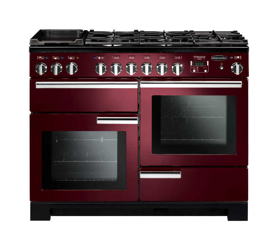 Rangemaster Professional Deluxe 110 dual fuel cooker in burgundy with six burners and two ovens visible from the front.