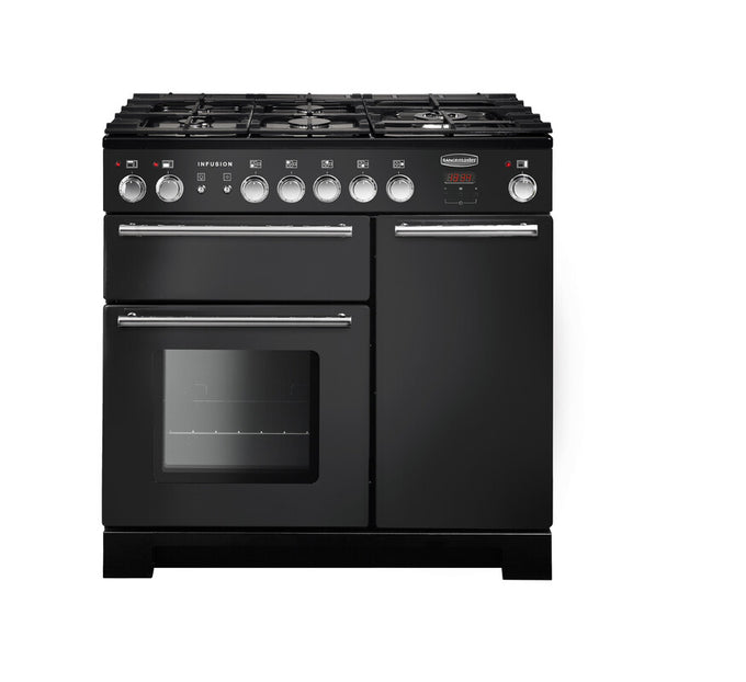 Rangemaster Infusion 90CM Dual Fuel Range Cooker with oven and gas hob, available at Keans Claremorris.