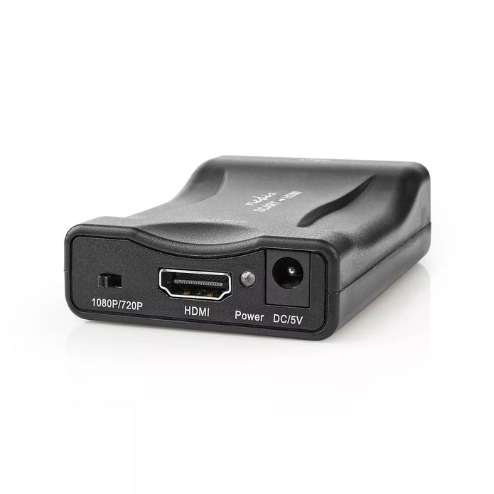 NEDIS Scart to HDMI adaptor showing HDMI port, power input, and resolution switch on black casing.