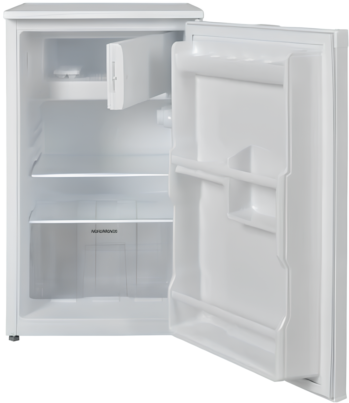 Nordmende white 48cm undercounter larder fridge with open door showing ice box, shelves, and door storage.