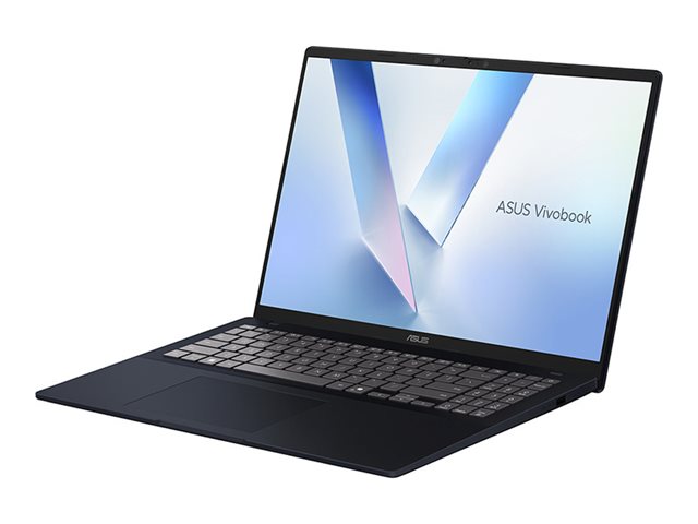 An ASUS Vivobook laptop shown open at a three-quarter angle on a plain white background. The laptop has a matte black chassis with a black keyboard and trackpad, and its screen is illuminated with a blue and white abstract wallpaper featuring the text 'ASUS Vivobook'.