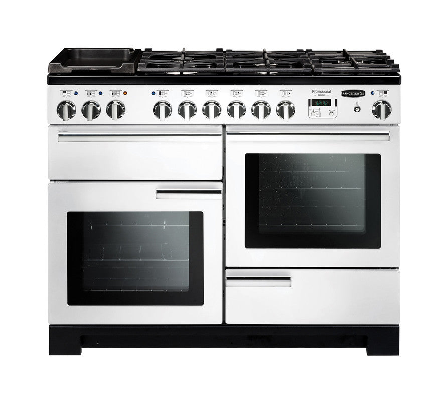 Rangemaster Professional Deluxe 110 dual fuel range cooker with six burners and two ovens in white finish.