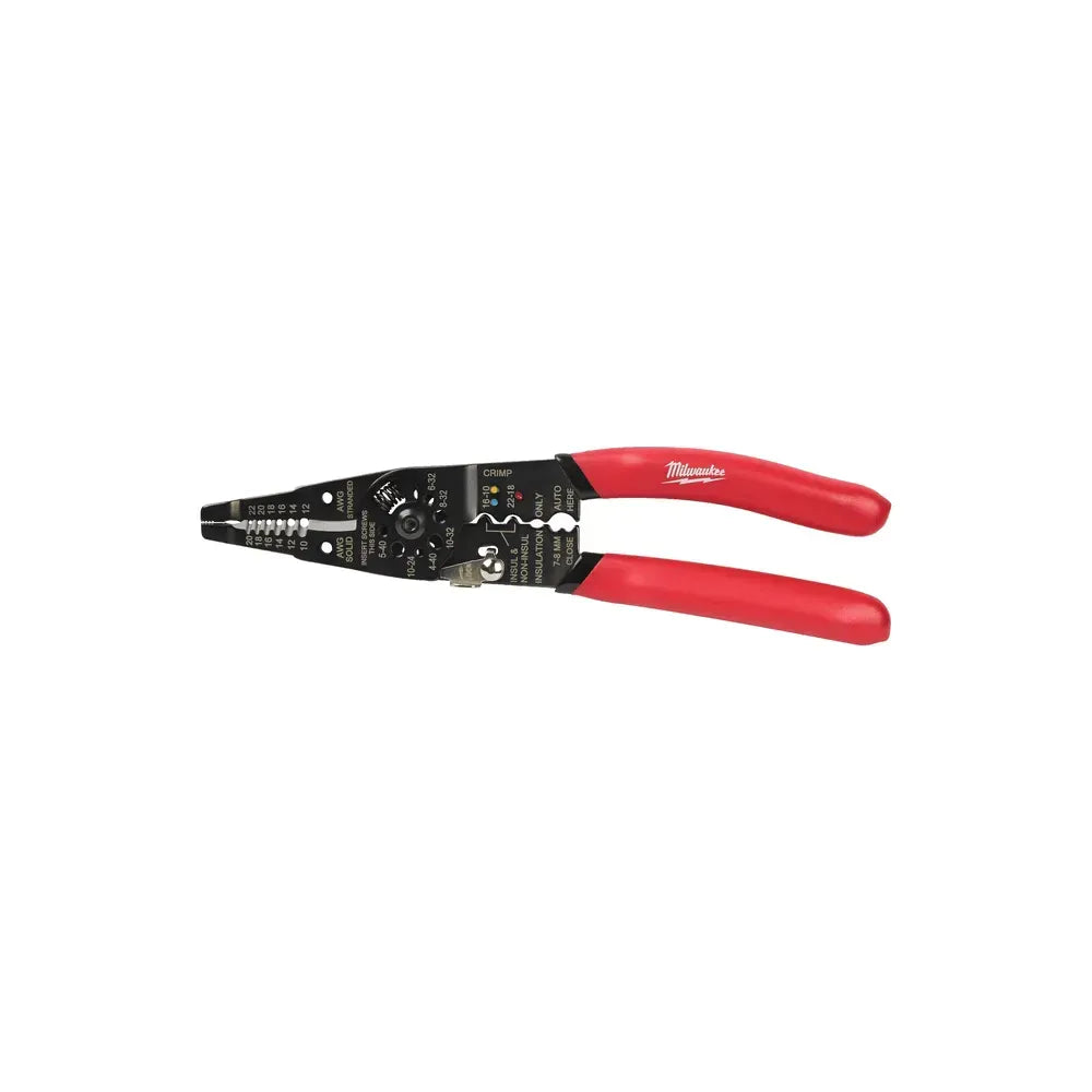 Milwaukee Multi-Purpose Wire Stripper with Crimper, black metal body and red ergonomic handles on white background.