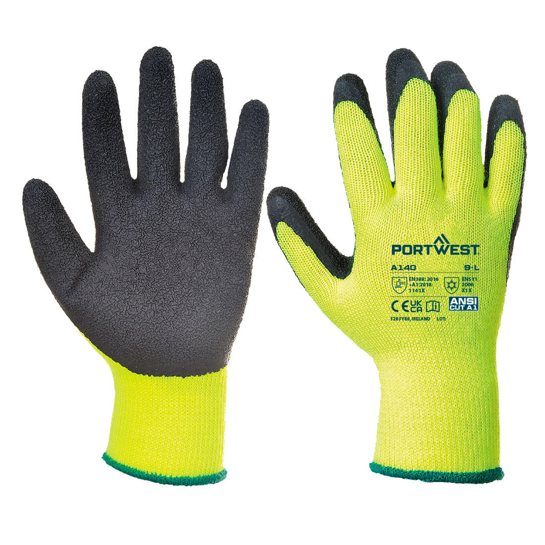 Pair of small thermal grip gloves with black latex crinkle palms and bright yellow knit backs with printed text.