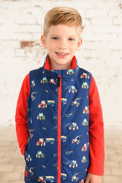 Alex Boys Gilet with Farm Print, lightweight and warm, available at Keans Claremorris