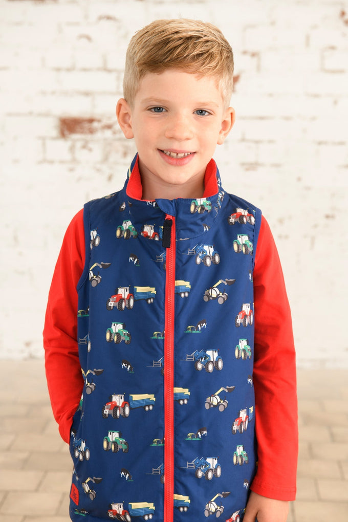 Alex Boys Gilet with Farm Print, lightweight and warm, available at Keans Claremorris