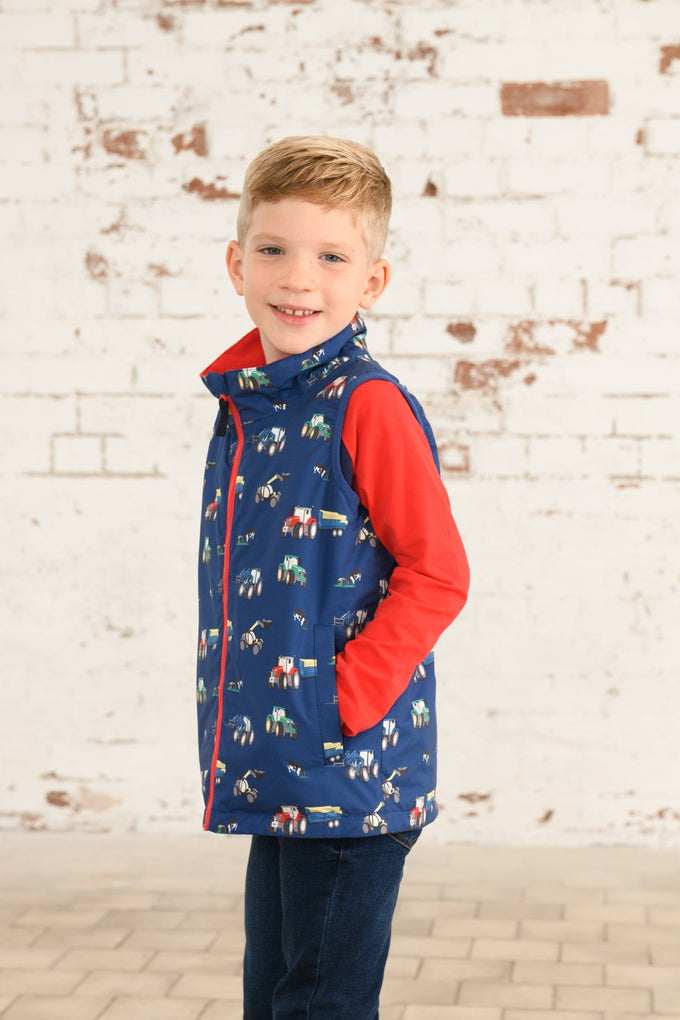 Alex Boys Gilet with Farm Print, lightweight and warm, from Keans Claremorris.