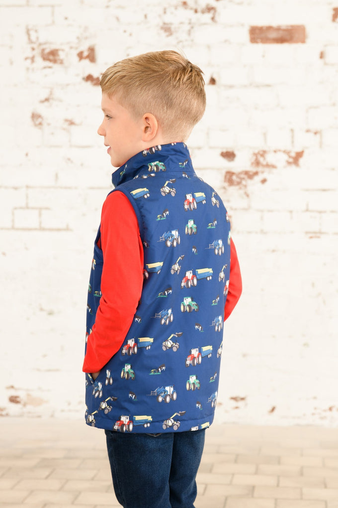 Alex Boys Gilet with Farm Print, lightweight and warm, from Keans Claremorris.