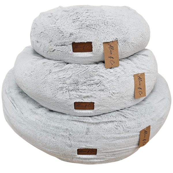Bruno Large Round Pet Bed in Light Grey with raised rim, soft filling, non-slip bottom – calming comfort by Keans Claremorris