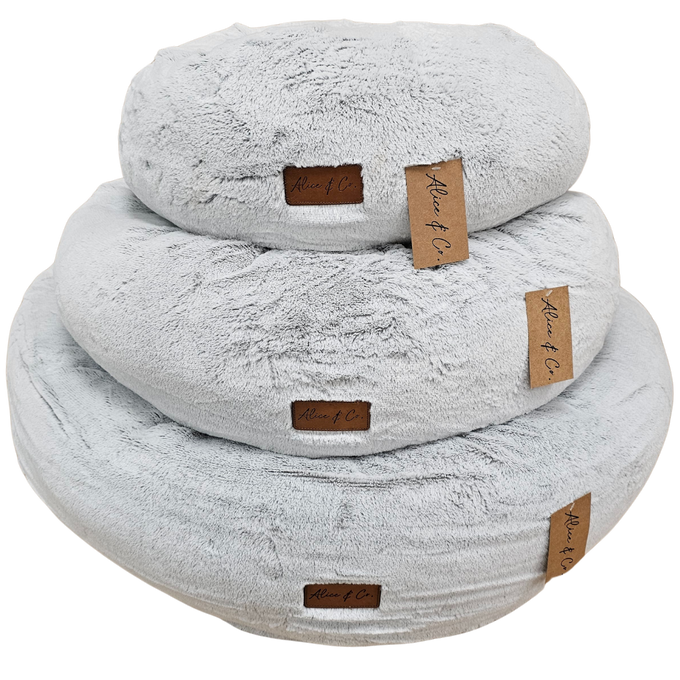 Bruno Large Round Pet Bed in Light Grey with raised rim, soft filling, non-slip bottom – calming comfort by Keans Claremorris