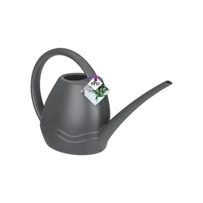 Anthracite Aquarius watering can with curved handle and long spout, 1.5-liter capacity, tag attached.
