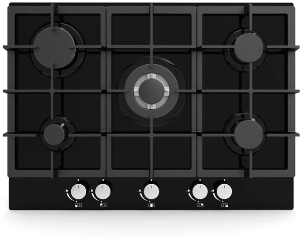 CATA UBGOG70BK 70cm black glass gas hob with 5 burners, wok burner, cast iron supports, flame safety – Keans Claremorris