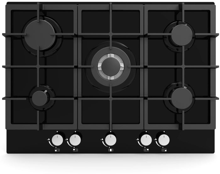 CATA UBGOG70BK 70cm black glass gas hob with 5 burners, wok burner, cast iron supports, flame safety – Keans Claremorris