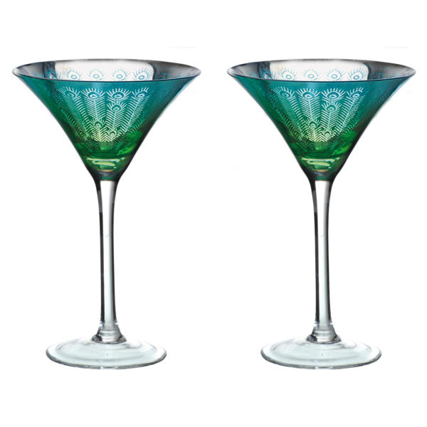 Set of 2 mouth-blown Peacock cocktail martini glasses with silver plating and turquoise to metallic blue finish – Keans