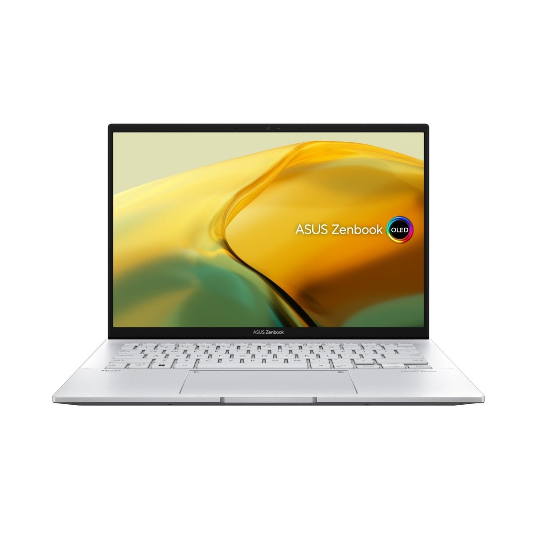 Asus 14" ZenBook Evo Ci5 13th Gen laptop in foggy silver, front view with screen on and keyboard visible