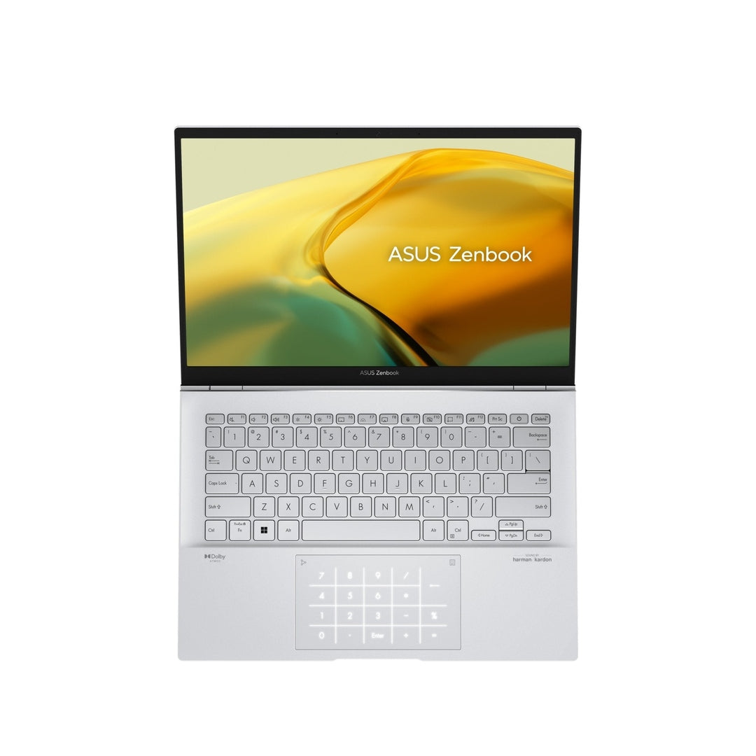 Asus 14" ZenBook Evo laptop in foggy silver, open top view showing keyboard and screen with yellow-green wallpaper