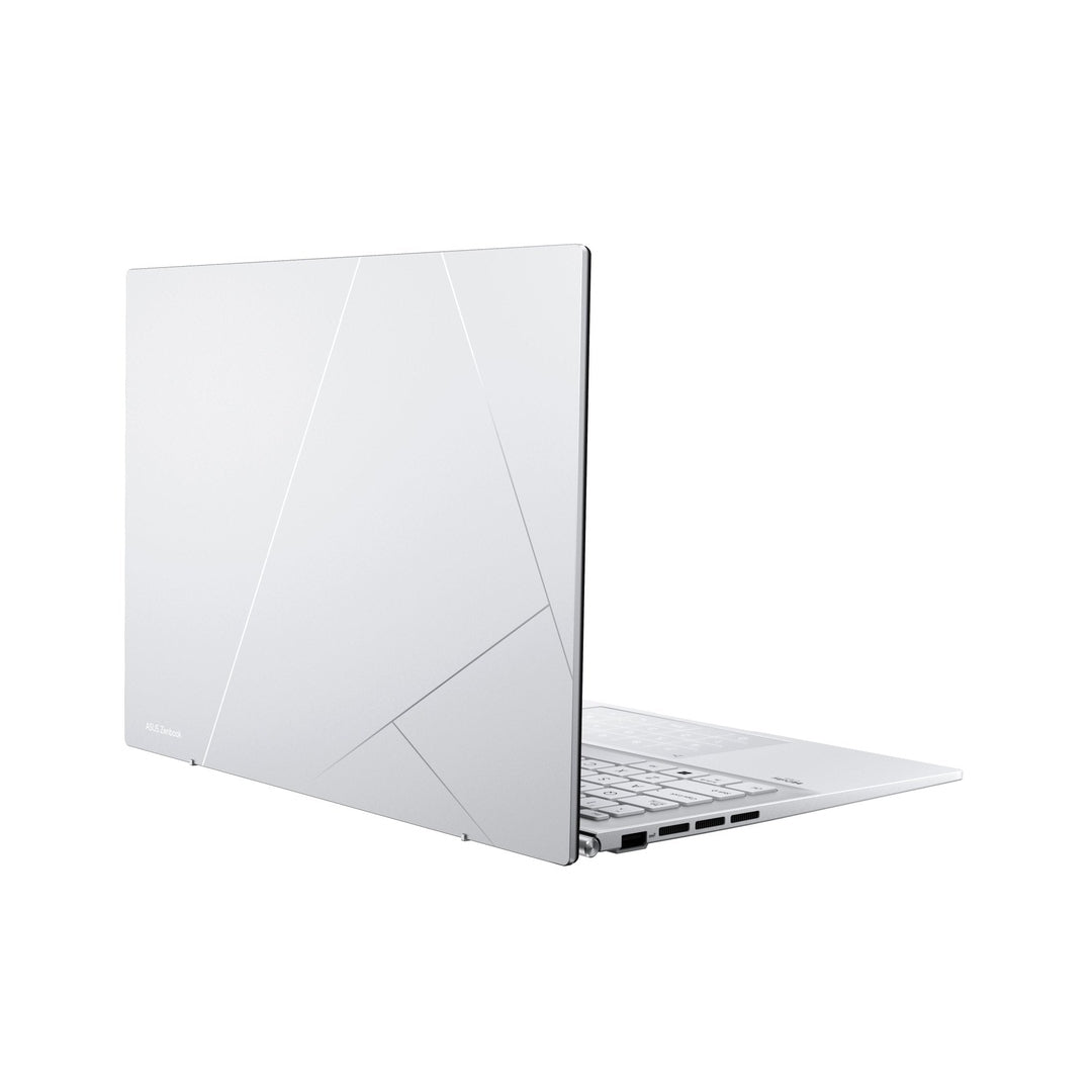 Asus 14" ZenBook Evo in foggy silver, partially open showing back and side ports with geometric design.