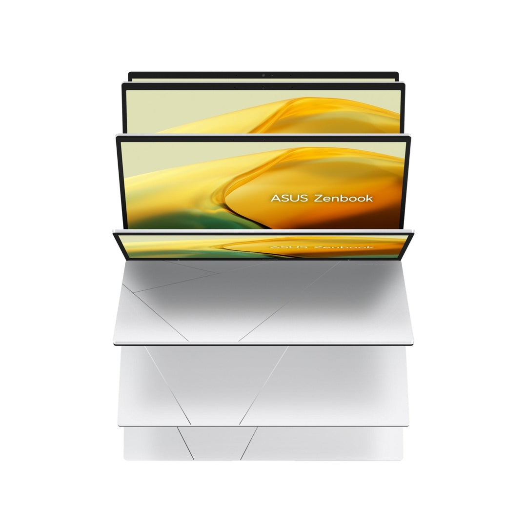 Stacked views of Asus 14" ZenBook Evo Ci5 13th Gen laptop in foggy silver with screen on and closed angles.