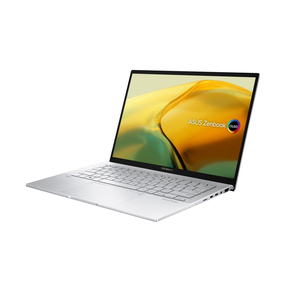Asus 14" ZenBook Evo laptop in foggy silver, open at an angle showing keyboard and screen with yellow-green wallpaper.