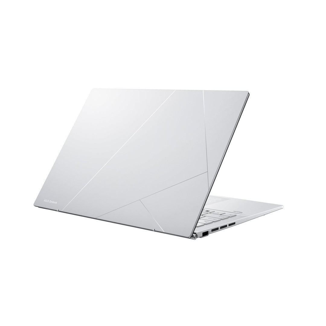 Asus 14" ZenBook Evo laptop in foggy silver, partially open showing back and side ports.