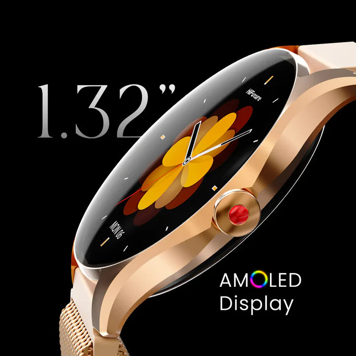 HiFuture Aura 2 Smart Watch with 1.32" AMOLED display, gold case, and mesh strap showing a floral watch face.