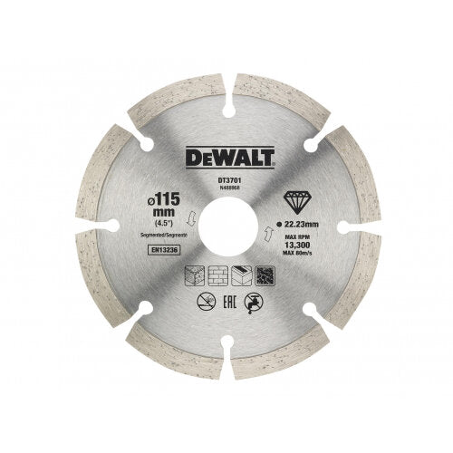 DeWalt 115mm segmented dry diamond blade showing cutting segments and product markings on metal surface
