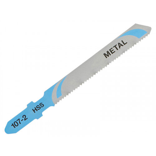 Single DeWalt T118A HSS metal cutting jigsaw blade with blue and silver finish and fine teeth.