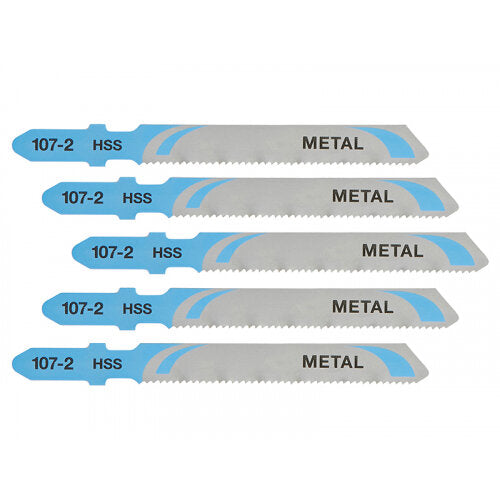 Five DeWalt HSS metal cutting jigsaw blades with blue tips and "METAL" printed on each blade.