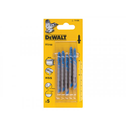 Pack of 5 DeWalt HSS metal cutting jigsaw blades T118A in yellow packaging with blade details visible