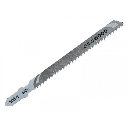 Single DeWalt HCS wood jigsaw blade with T-shank, labeled "CLEAN WOOD" and "105-1 HCS" on a white background.