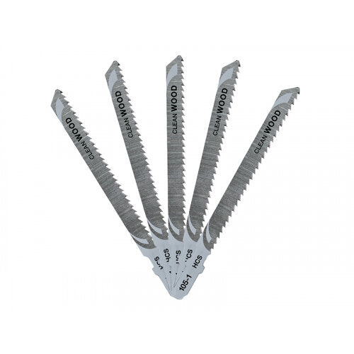 Five DeWalt HCS wood jigsaw blades fanned out, each labeled "Clean Wood" and "HCS" on a white background.