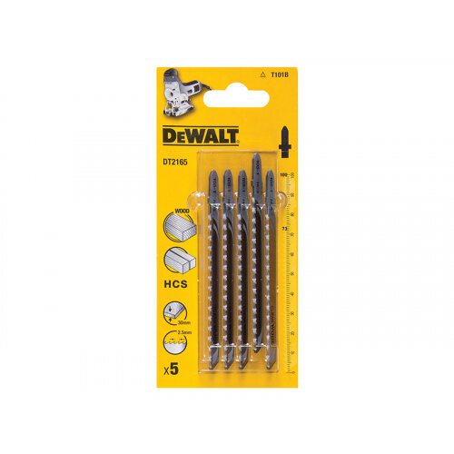 Pack of five DeWalt HCS wood jigsaw blades in yellow packaging with product details and blade size.