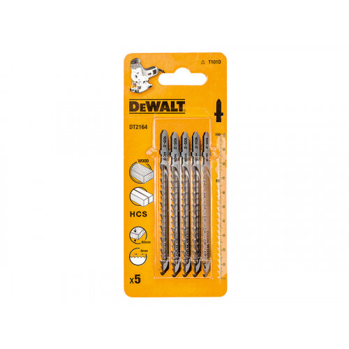 DeWalt pack of 5 HCS wood jigsaw blades in yellow packaging with product details and icons.
