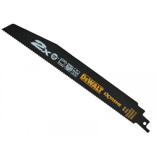 DeWalt 228mm black reciprocating saw blade with 10 TPI, marked 2X Life and Extreme for wood cutting.