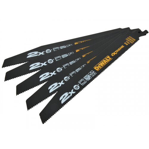 Five black DeWalt 228mm reciprocating saw blades with 10 TPI, labeled 2X Life and Extreme.