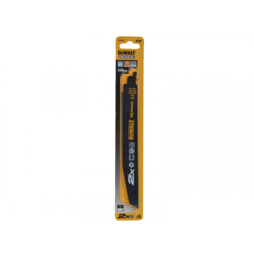 DeWalt 2X Life 228mm x 10 TPI reciprocating blade pack of 5 in yellow and black packaging.