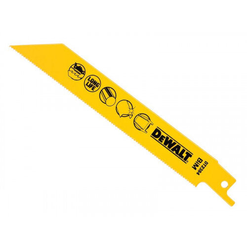 DeWalt yellow bi-metal reciprocating saw blade 152mm with 18 TPI teeth and black printed icons and branding.