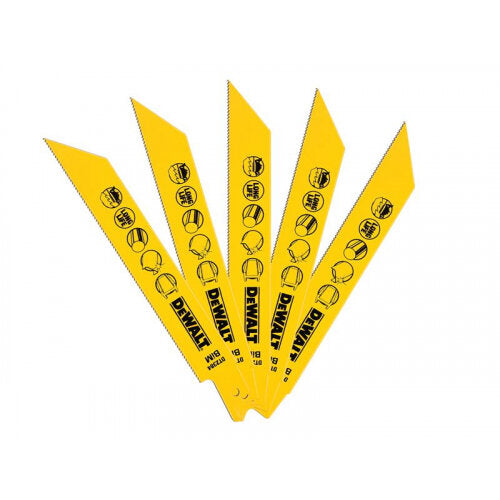 Five yellow DeWalt bi-metal reciprocating saw blades for metal, 152mm length, 18 TPI, fanned out.