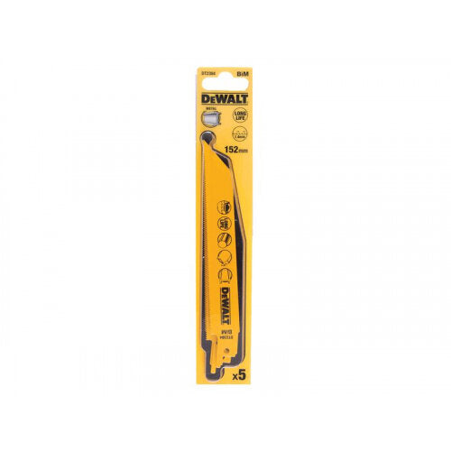 DeWalt 152mm bi-metal reciprocating saw blades for metal, 18 TPI, pack of 5 in yellow packaging.