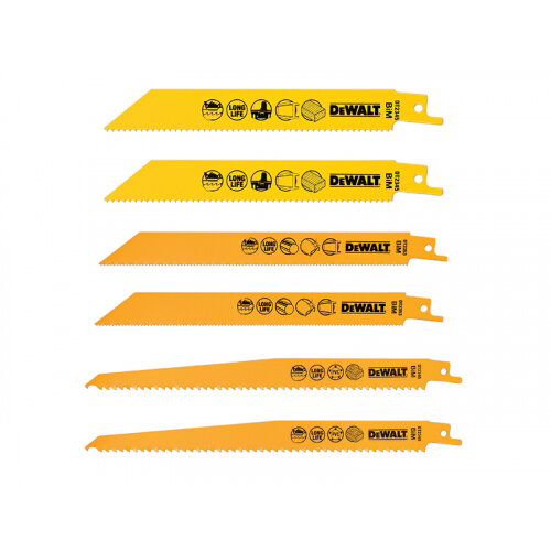 Six DeWALT DT2444 reciprocating saw blades in yellow and orange, arranged horizontally on white background.