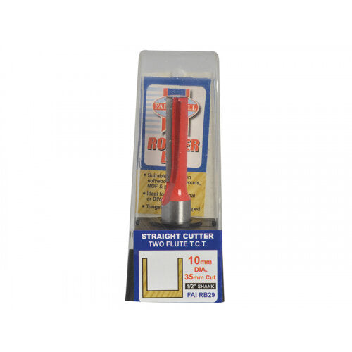 Faithfull TCT two flute router bit with 10mm diameter and 35mm cutting length in clear plastic case.