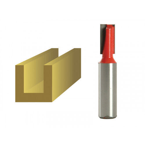 Faithfull TCT two flute router bit with 10mm cutting diameter and 1/2in shank, shown next to a groove illustration.