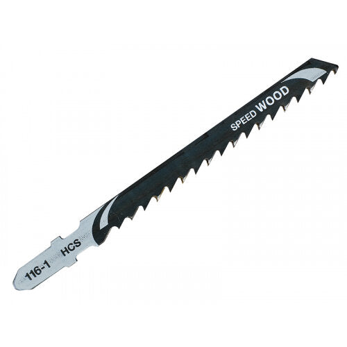 Single Dewalt T144D wood jigsaw blade with black body and silver teeth, labeled "SPEED WOOD" and "HCS